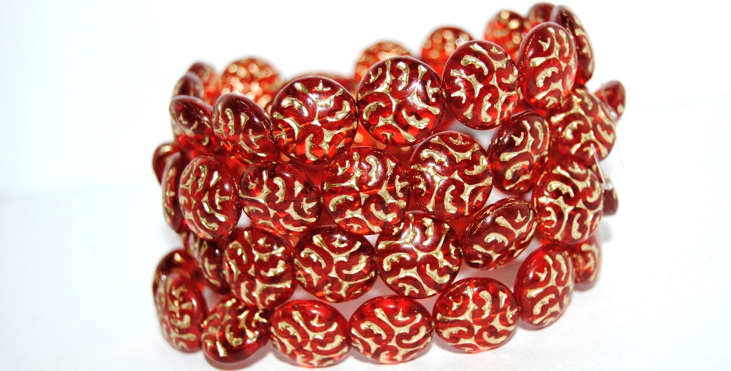 Lentil Round With Ornament Brain Pressed Glass Beads, Transparent Red 54202 (90060 54202), Glass, Czech Republic