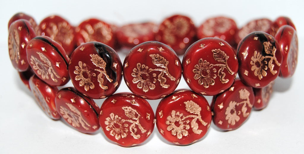 Round Flat With Flower Marguerite Pressed Glass Beads, (26907 54200), Glass, Czech Republic
