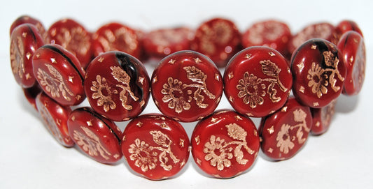 Round Flat With Flower Marguerite Pressed Glass Beads, (26907 54200), Glass, Czech Republic