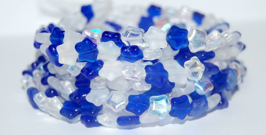 5-Point Star Pressed Glass Beads, (Blue White), Glass, Czech Republic