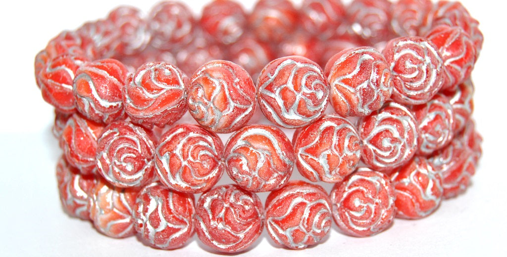 Round Rose Pressed Glass Beads, Coral 54201 (7913 54201), Glass, Czech Republic