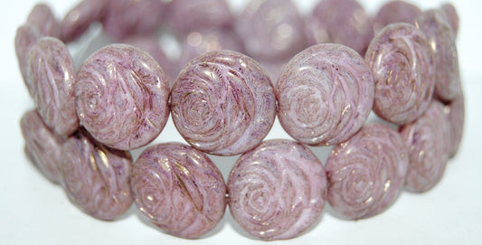 Round Flat Rose Flower Pressed Glass Beads, White Luster Violet Full Coated (2010 14496), Glass, Czech Republic
