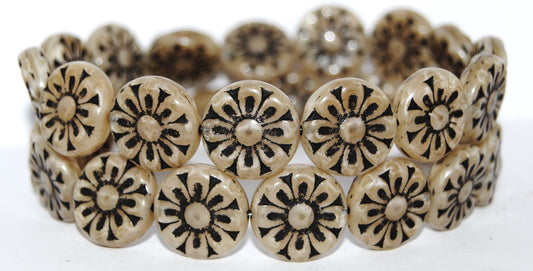Flat Round With Flower Pressed Glass Beads, (17006 23202), Glass, Czech Republic
