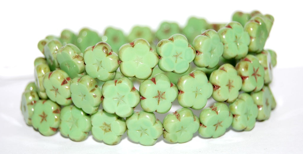 Table Cut Flower Beads, Opaque Green Travertin (53300 86800), Glass, Czech Republic