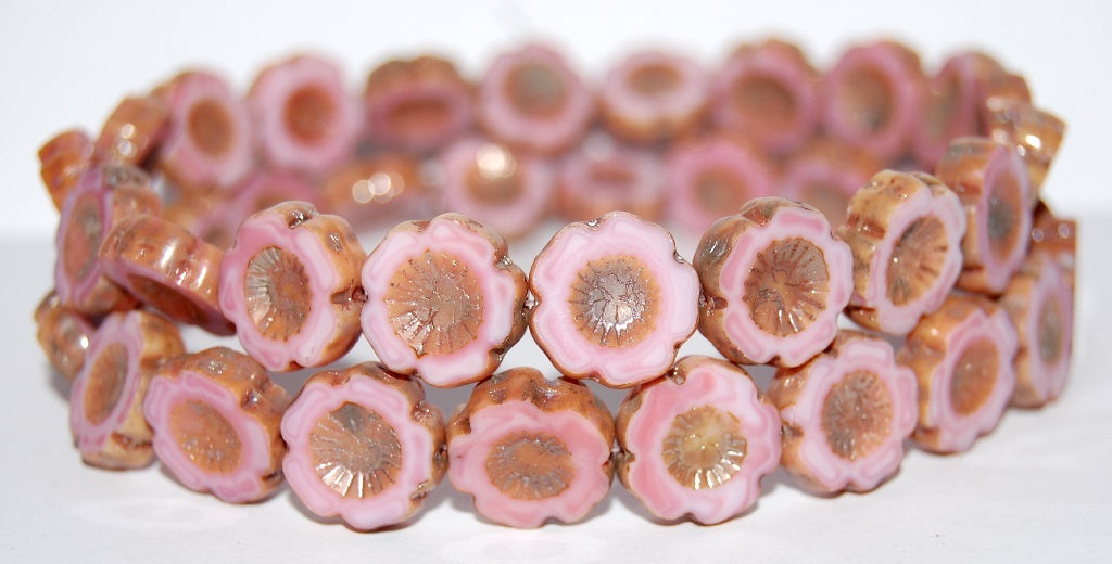 Table Cut Round Beads Hawaii Flowers, Opaque Pink 43400 (73030 43400), Glass, Czech Republic