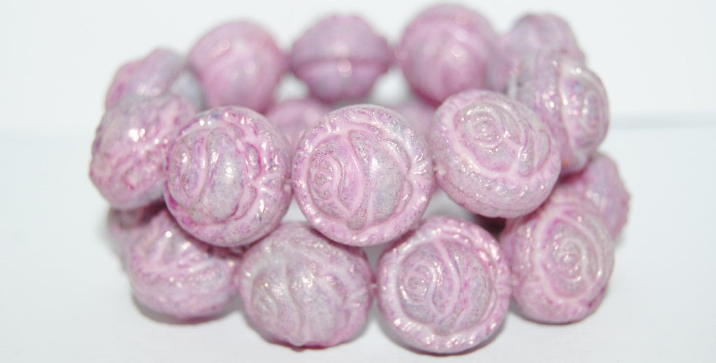 Round With Rose Flower Pressed Glass Beads, Chalk White Luster Lila Antiq (3000 14494 Antiq), Glass, Czech Republic
