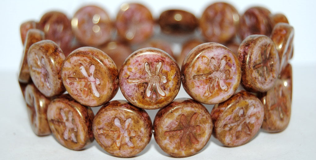 Round Flat Wit Dragonfly Pressed Glass Beads, White Stain With Luster Red (2010 65491), Glass, Czech Republic