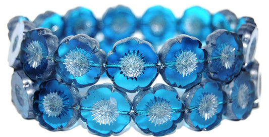 Table Cut Round Beads Hawaii Flowers, Transparent Aqua Luster Cream (60050 14401), Glass, Czech Republic