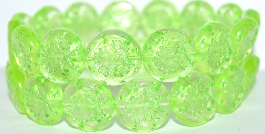 Round Flat With Flower Marguerite Pressed Glass Beads, Transparent Yellow 43813 Uranium (80130 43813 Uranium), Glass, Czech Republic