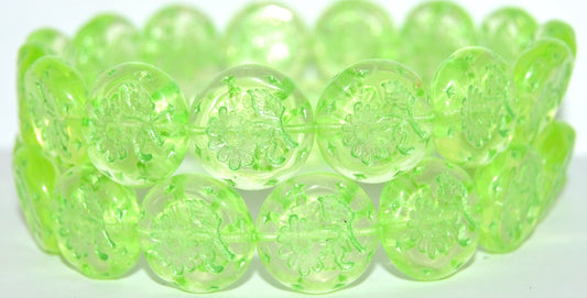 Round Flat With Flower Marguerite Pressed Glass Beads, Transparent Yellow 43813 Uranium (80130 43813 Uranium), Glass, Czech Republic