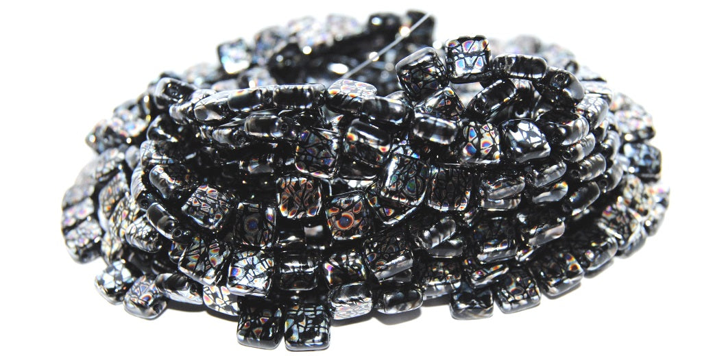 Flat Square Tile 2-Hole Pressed Glass Beads, Black Batika Mini (23980 Batika Mini), Glass, Czech Republic