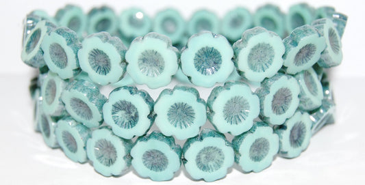 Table Cut Round Beads Hawaii Flowers, Turquise Luster Blue Full Coated (63120 14464), Glass, Czech Republic