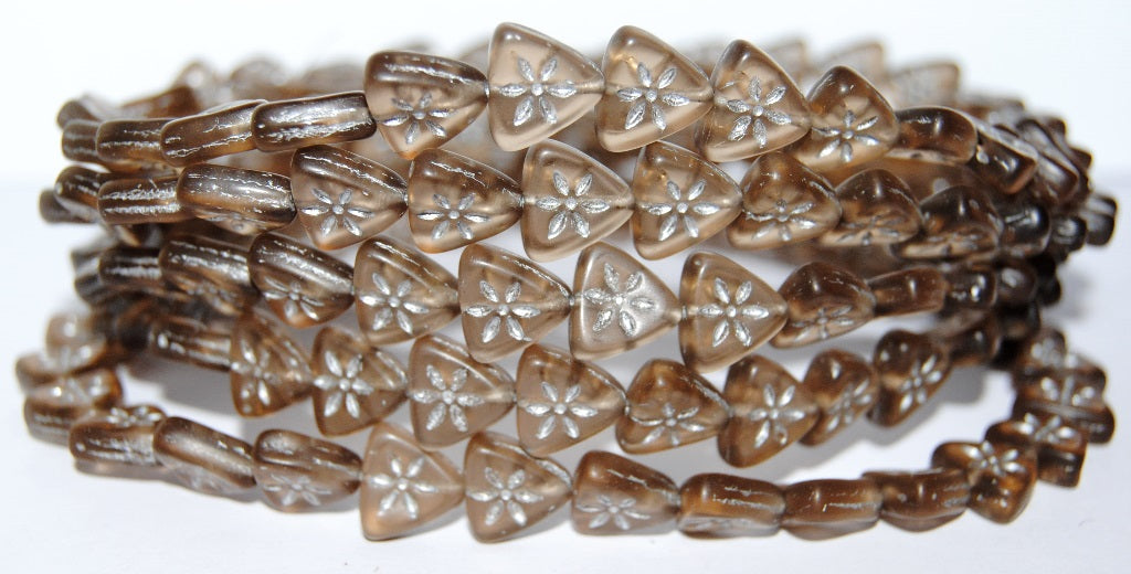 Triangle Flat Wit Flower Pressed Glass Beads, Transparent Brown 54201M (10200 54201M), Glass, Czech Republic