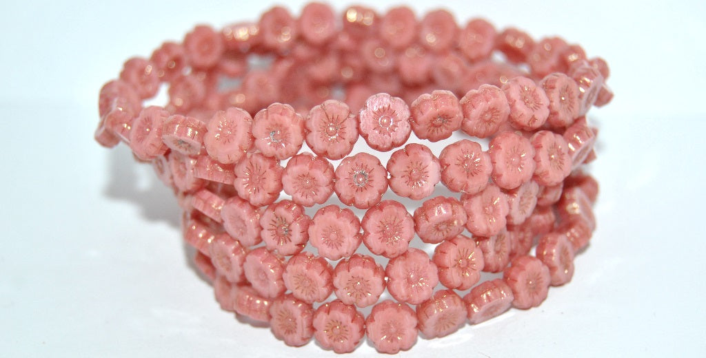 Table Cut Round Beads Hawaii Flowers, Opaque Pink Luster Red Full Coated (74020 14495), Glass, Czech Republic