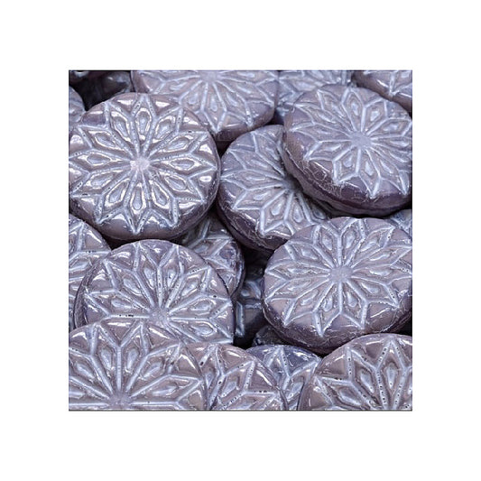 Pressed Czech glass beads origami flower round big with ornament Violet White Glass Czech Republic