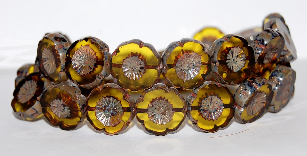 Table Cut Round Beads Hawaii Flowers, Transparent Yellow 43400 (80020 43400), Glass, Czech Republic