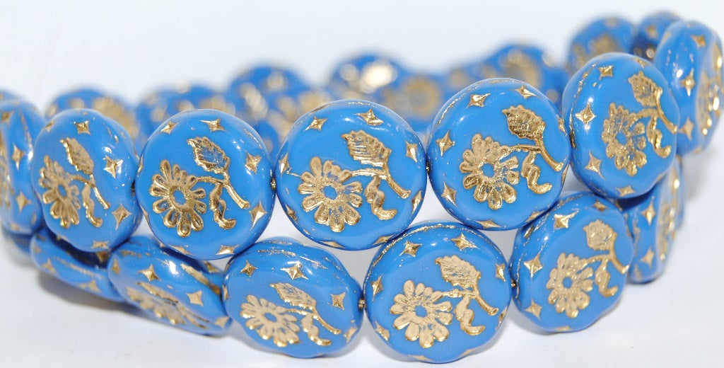 Round Flat With Flower Marguerite Pressed Glass Beads, Opaque Blue 54202 (33100 54202), Glass, Czech Republic