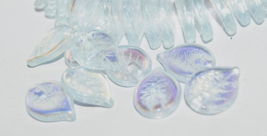 Leaf Pressed Glass Beads, Transparent Blue Ab (30010 Ab), Glass, Czech Republic