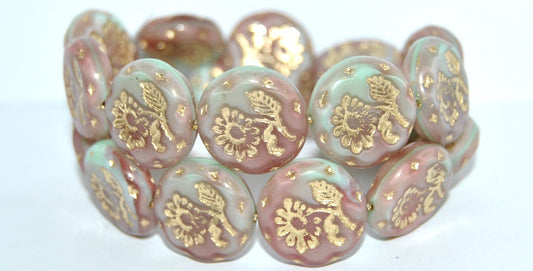 Round Flat With Flower Marguerite Pressed Glass Beads, (67713 54202), Glass, Czech Republic