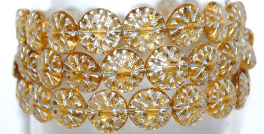 Round Flower Edelweiss Pressed Glass Beads, Transparent Orange 54201 (10040 54201), Glass, Czech Republic
