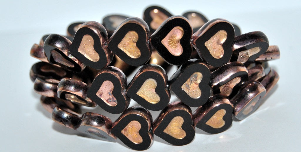 Table Cut Heart Beads With Heart, Black 27101 2Xside (23980 27101 2Xside), Glass, Czech Republic