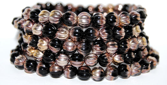 Melon Round Pressed Glass Beads With Stripes, Black 27101 (23980 27101), Glass, Czech Republic