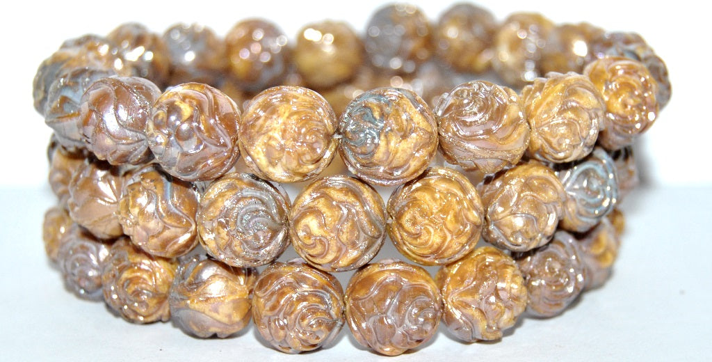 Round Rose Pressed Glass Beads, White 43500 (2010 43500), Glass, Czech Republic