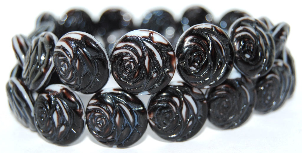 Round Flat Rose Flower Pressed Glass Beads, 17025 (17025), Glass, Czech Republic