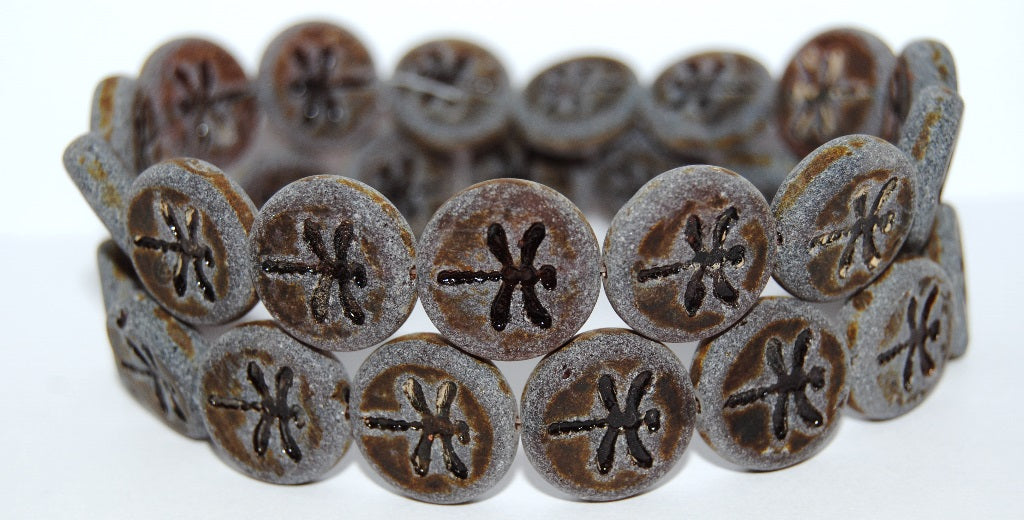 Round Flat Wit Dragonfly Pressed Glass Beads, Transparent Brown Antiq P (10210 Antiq P), Glass, Czech Republic