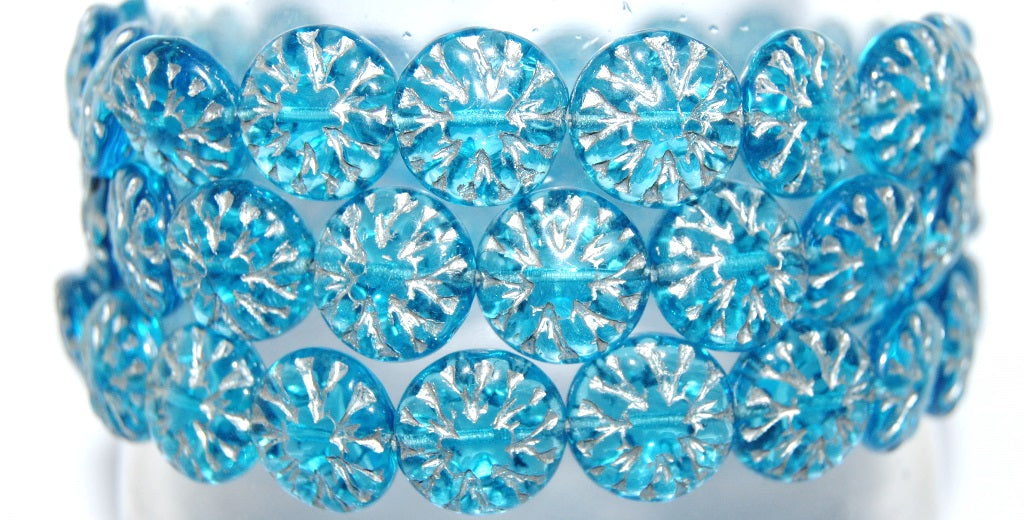 Round Flower Edelweiss Pressed Glass Beads, Aqua 54201 (60030 54201), Glass, Czech Republic