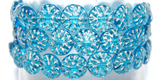 Round Flower Edelweiss Pressed Glass Beads, Aqua 54201 (60030 54201), Glass, Czech Republic