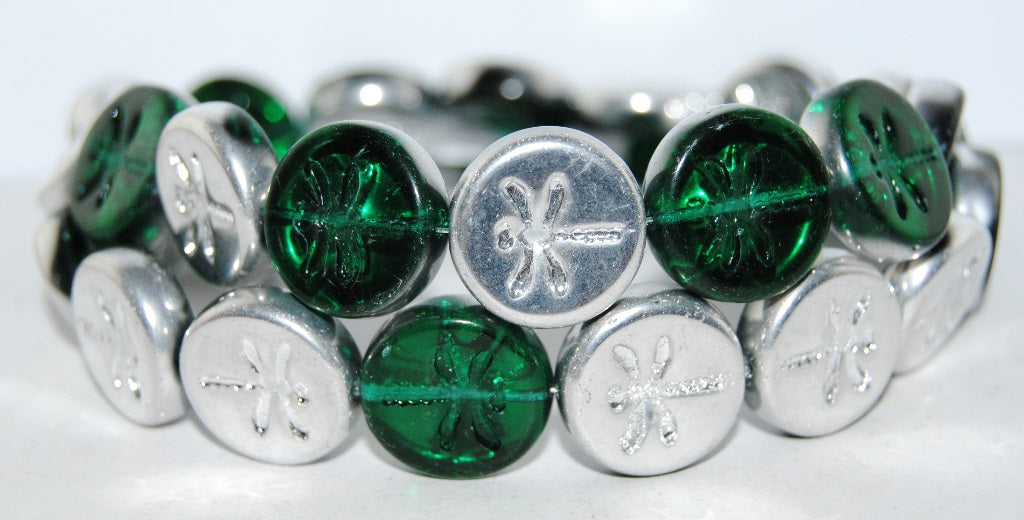 Round Flat Wit Dragonfly Pressed Glass Beads, Transparent Green Emerald Crystal Silver Half Coating (50720 27001), Glass, Czech Republic