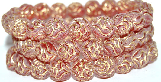Round Rose Pressed Glass Beads, Transparent Red 54202 Mat Antiq (90060 54202 Mat Antiq), Glass, Czech Republic