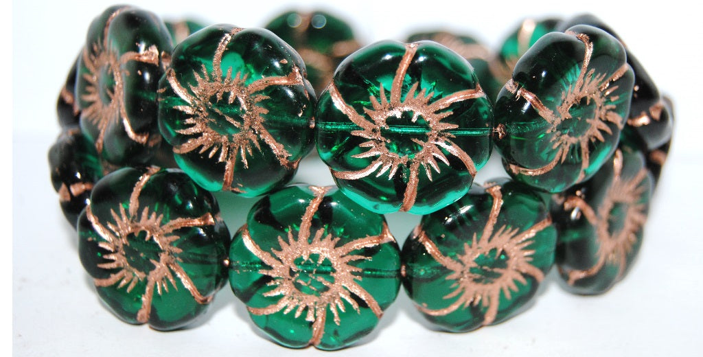 6-Petal Flower Pressed Glass Beads, Transparent Green Emerald 54200 (50710 54200), Glass, Czech Republic