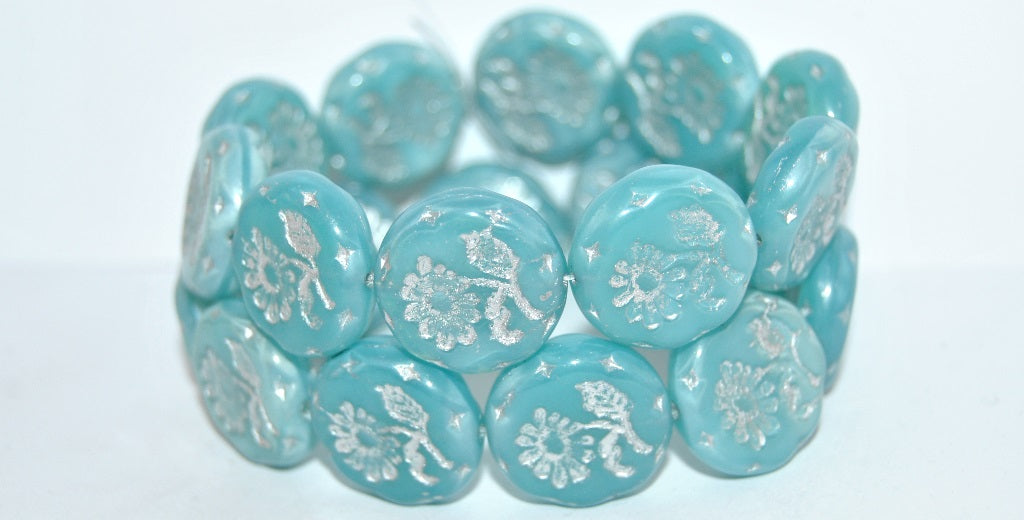 Round Flat With Flower Marguerite Pressed Glass Beads, Opal Aqua 54201 (61300 54201), Glass, Czech Republic