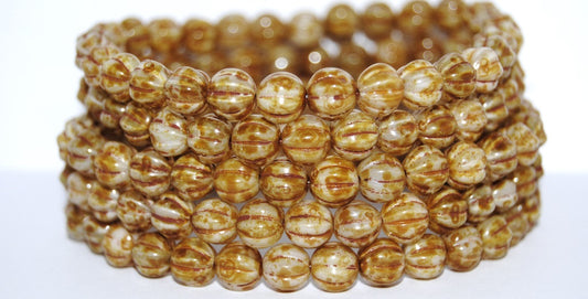 Melon Round Pressed Glass Beads With Stripes, 4000 Travertin (4000 86800), Glass, Czech Republic