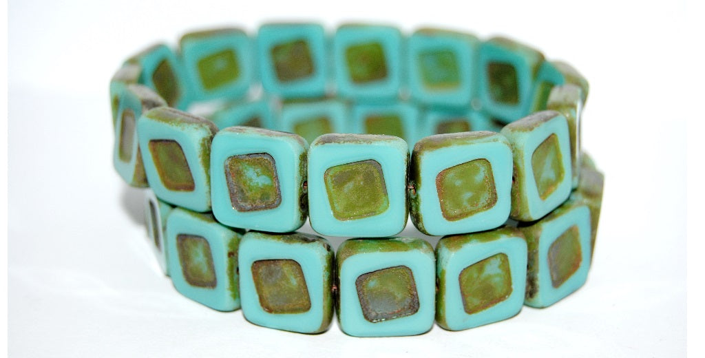 Table Cut Square Beads With Turned Square, Turquise Travertin (63140 86800), Glass, Czech Republic