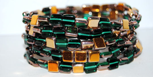 Flat Square Pressed Glass Beads, Transparent Green Emerald 27101 (50710 27101), Glass, Czech Republic