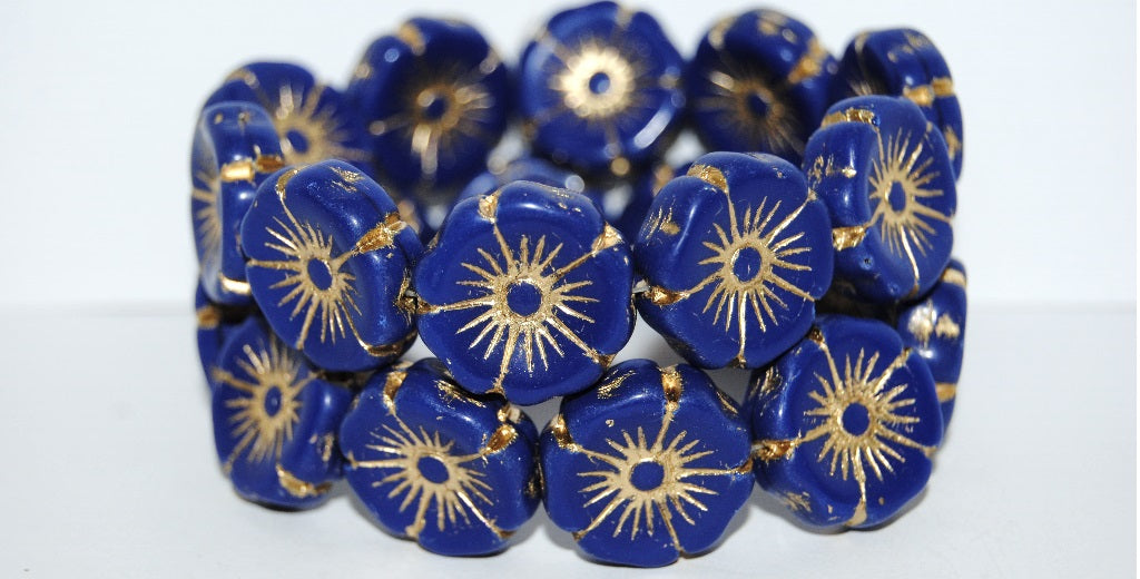 Hawaii Flower Pressed Glass Beads, Opaque Blue 54202 (33070 54202), Glass, Czech Republic