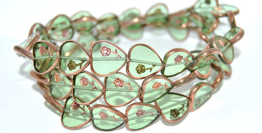 Table Cut Heart Beads With Rose, Transparent Green Bronze (50800 14415), Glass, Czech Republic