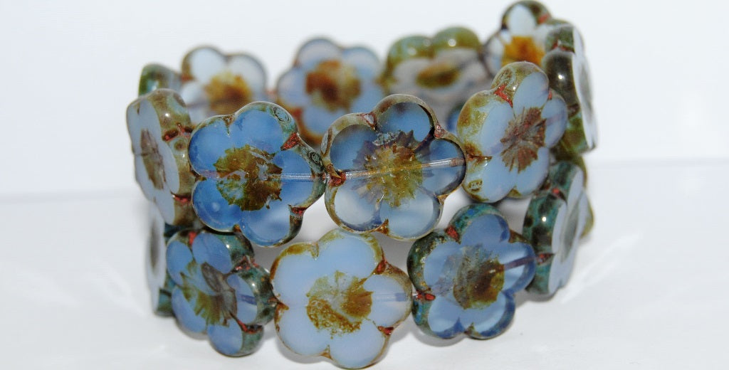 Table Cut Flower Beads Hibiscus, 21 Blue Opal Mixed Colors Travertin (21 Blue Opal Mix 86800), Glass, Czech Republic