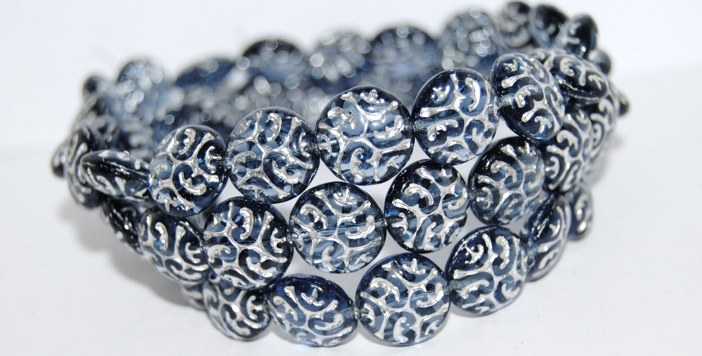 Lentil Round With Ornament Brain Pressed Glass Beads, Transparent Dark Blue 54201 (30320 54201), Glass, Czech Republic