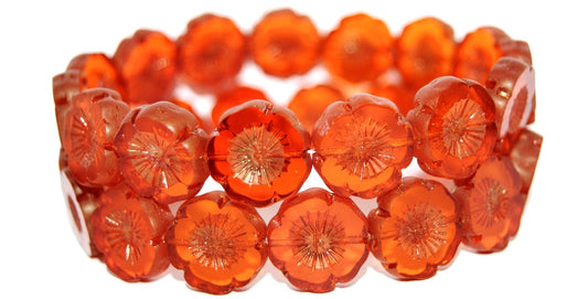 Table Cut Round Beads Hawaii Flowers, Transparent Orange Luster Red Full Coated (90020 14495), Glass, Czech Republic