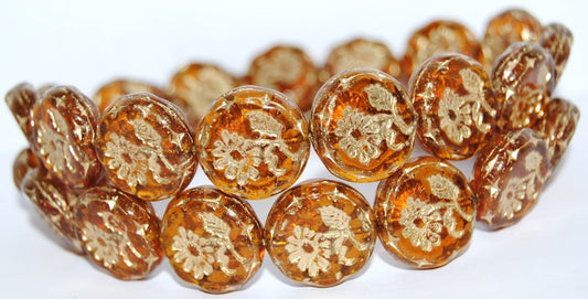 Round Flat With Flower Marguerite Pressed Glass Beads, (10020 54202), Glass, Czech Republic