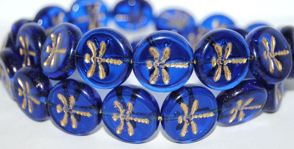 Round Flat Wit Dragonfly Pressed Glass Beads, Transparent Blue 54202 (30060 54202), Glass, Czech Republic