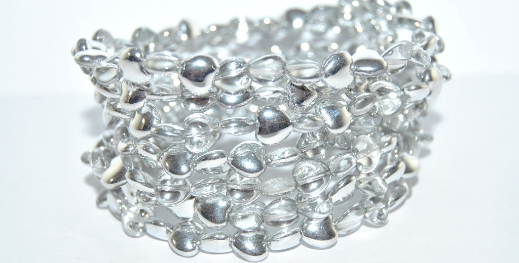 Czech Glass Pressed Beads Hearts, Crystal Crystal Silver Half Coating (30 27001), Glass, Czech Republic