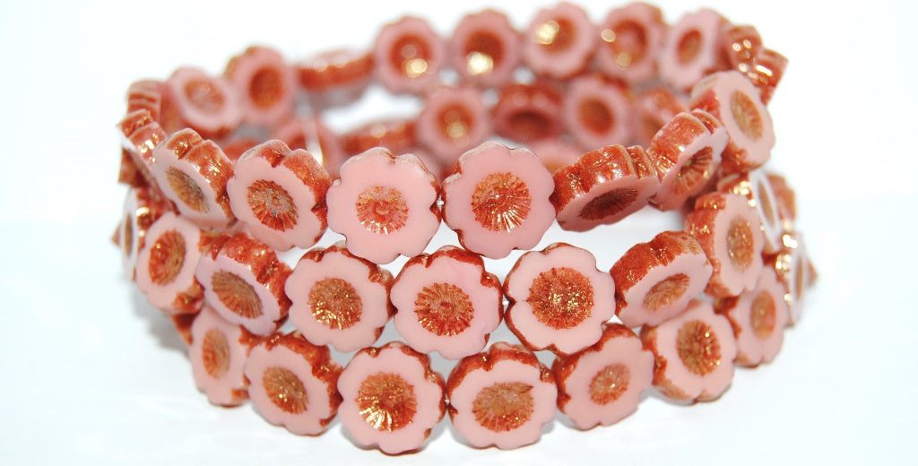 Table Cut Round Beads Hawaii Flowers, Opaque Pink Luster Ruby (74010 14497), Glass, Czech Republic