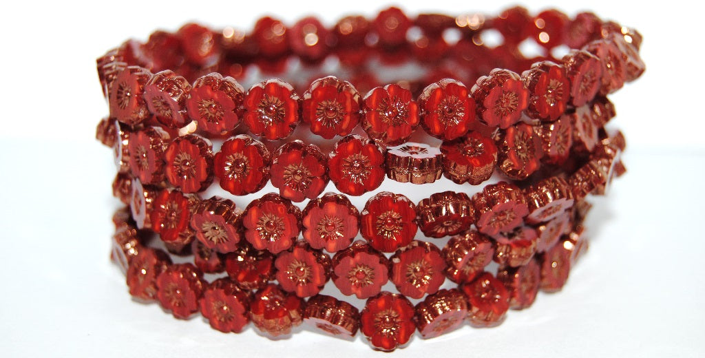 Table Cut Round Beads Hawaii Flowers, Opal Red Bronze (91250 14415), Glass, Czech Republic