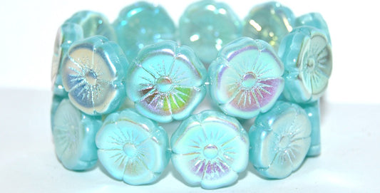 Hawaii Flower Pressed Glass Beads, Opal Aqua Ab 2Xside (61300 Ab 2Xside), Glass, Czech Republic