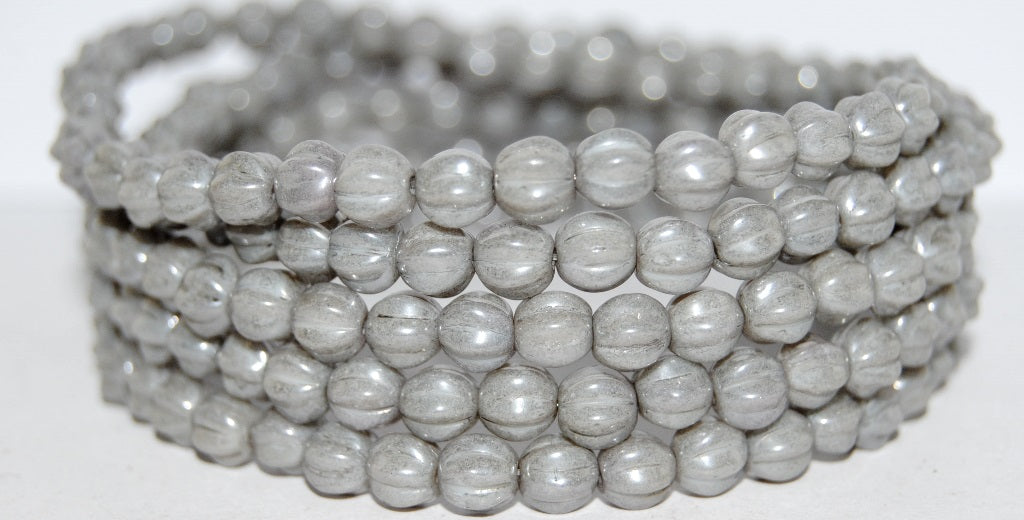 Melon Round Pressed Glass Beads With Stripes, White Luster Black (2010 14449), Glass, Czech Republic